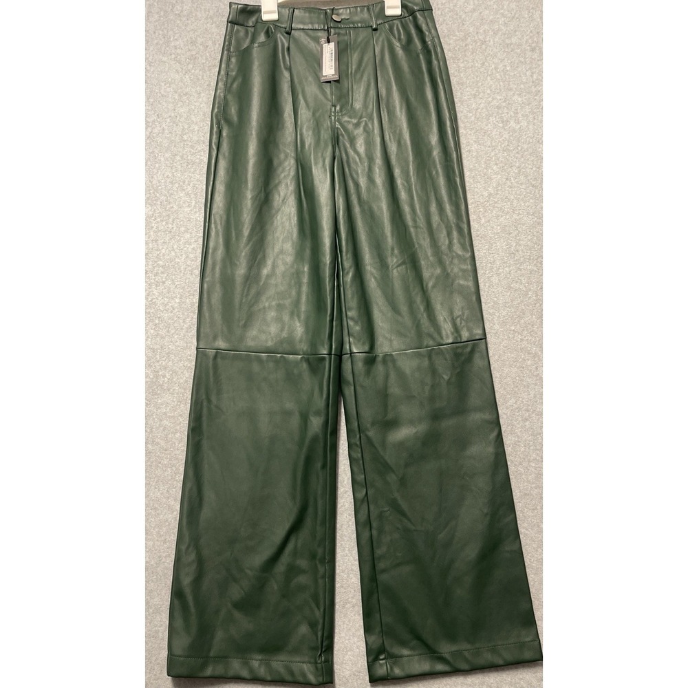 NWT! PRETTY LITTLE THING Green Faux Leather Seam Extreme Wide Leg Trousers Sz 6